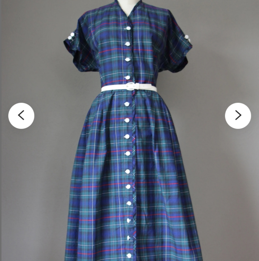 1950s vintage dress, blue green tartan button up